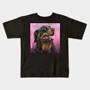 Painting of a Gorgeous Rottweiler with Its Tongue Out, Purple Spattered Background Kids T-Shirt